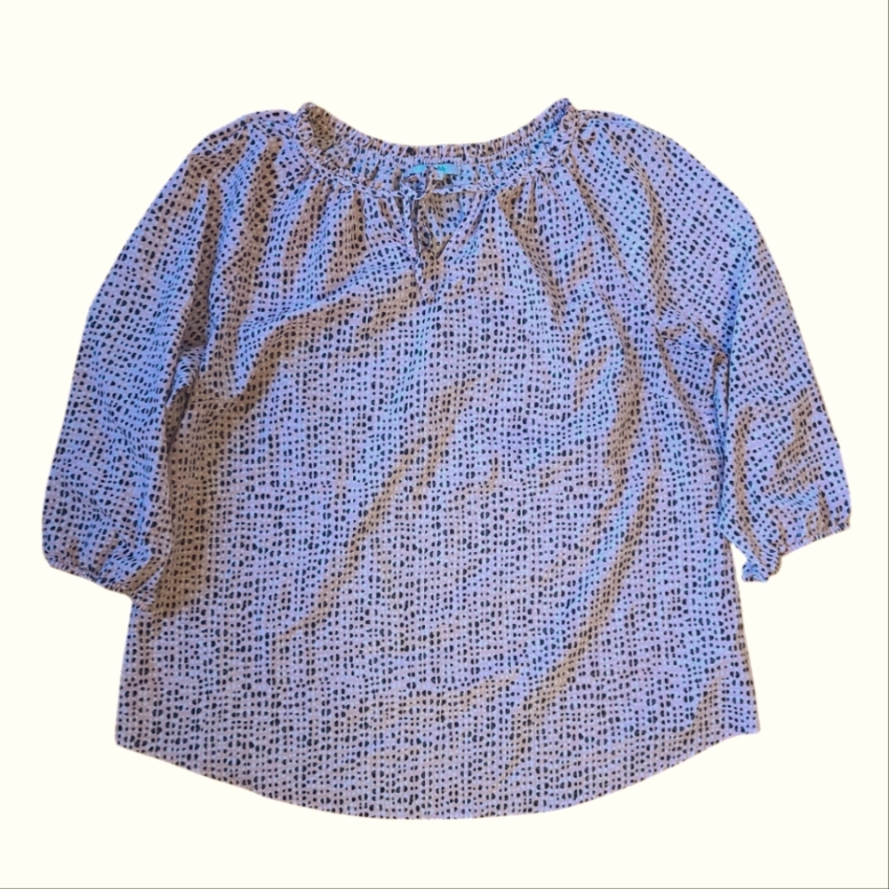Blouse, pink, black, white, 3/4 elastic sleeve, tie neck, Croft and Barrow, 1X